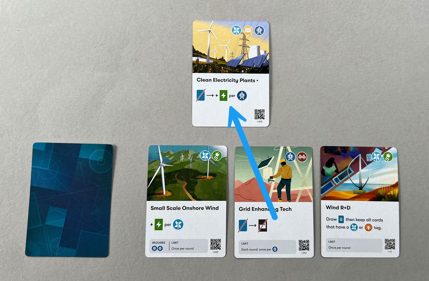 They then decide to play the Grid Enhancing Tech card on top of the Clean Electricty Plants...